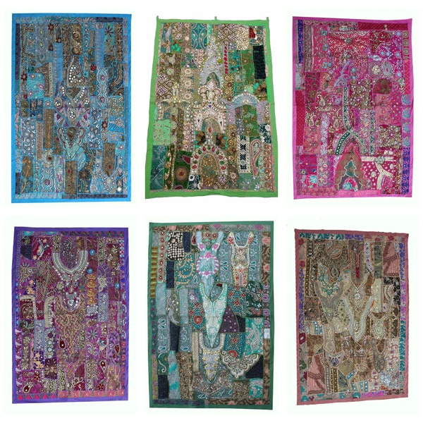 Tenture Murale Indienne Vintage – Broderie Main Appliqué – 130x81 Cm – Multicolore