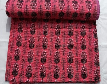 Indian Kantha Quilt Block Printed Kantha Blanket Cotton Kantha Bedspread Handmade Kantha Coverlet Throw Queen Size Kantha Bedcover