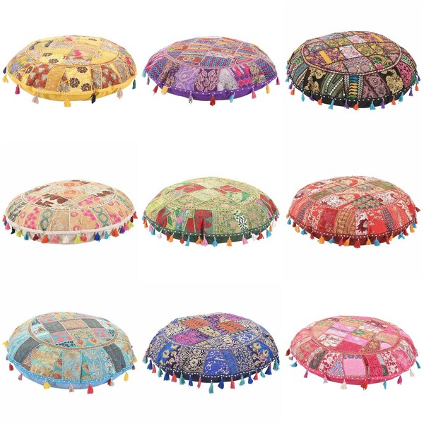 Indien fait à la main Coton Khambadia Patchwork ciel Coloré Rond Sol Pouf Cover, Home Decor Pouf Cover, Yoga Mate Pouf Cover, Prayer Pouf