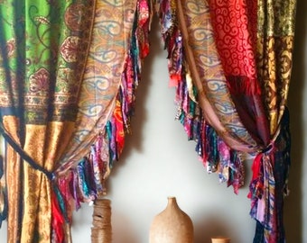 Sari vintage indien en soie ancienne multicolore fait main Patchwork 2 pièces drapé de porte fenêtre décor à la maison rideau recyclé