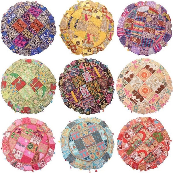 Patchwork Bohemian Cotton Fabric Throw Khambadia Handmade Indian Stitched Cushion Cover Embroidered Home Decor Round Floor Pillow Pouf
