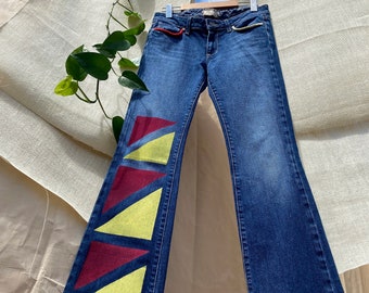 Reworked Y2K jeans | Flare jeans | Low rise jeans | 70s style jeans | Bell bottom jeans | Painted jeans | Women's jeans