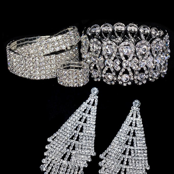 Silver Rhinestone Crystal Jewelry Set - Prom Jewelry, Wedding Earrings, Pageant Jewelry, Bodybuilding