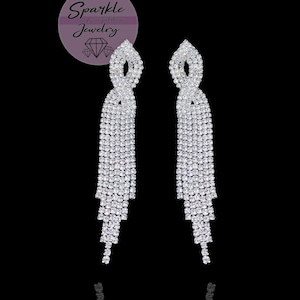 Clear silver crystal dangling earrings- Bikini Competition Jewelry, prom earrings, pageant earrings, bridal party earrings, gifts for her