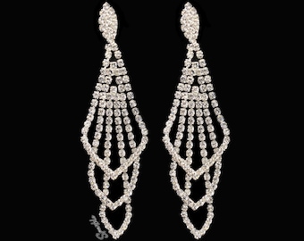 Silver Crystal  Dangling Earrings - Bikini Competition Jewelry, Bridal Jewelry, Pageants Earrings, Prom