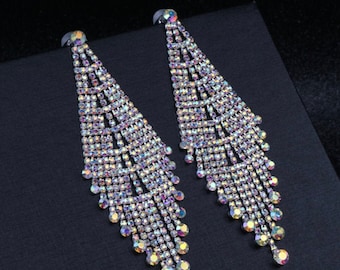 Silver AB Rhinestone Crystal Chandelier Dangling Earrings- Bikini Competition, NPC, Formal, Wedding, Pageants