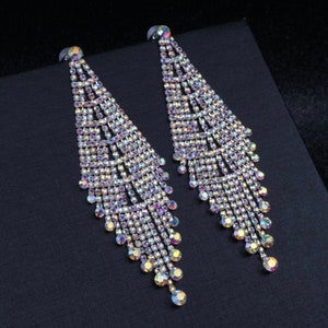Silver AB Rhinestone Crystal Chandelier Dangling Earrings- Bikini Competition, NPC, Formal, Wedding, Pageants