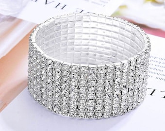 8 Row Silver Rhinestone Stretch Bracelet -Bikini Competition Jewelry , Wedding Bangles, Pageants