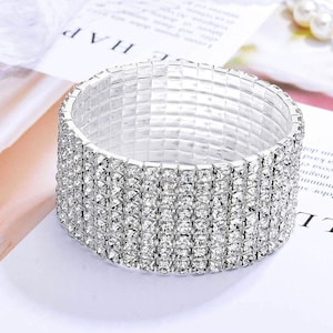 8 Row Silver Rhinestone Stretch Bracelet -Bikini Competition Jewelry , Wedding Bangles, Pageants