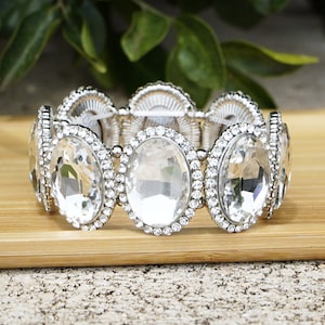 Silver Oval Gem Rhinestone Stretch Bracelet- Bikini Competition Jewelry, Pageant, Formal Jewelry, Prom, NPC/IFBB, Bridal
