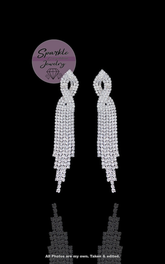 Clear silver crystal dangling earrings- Bikini Competition Jewelry, prom earrings, pageant earrings, bridal party earrings, gifts for her