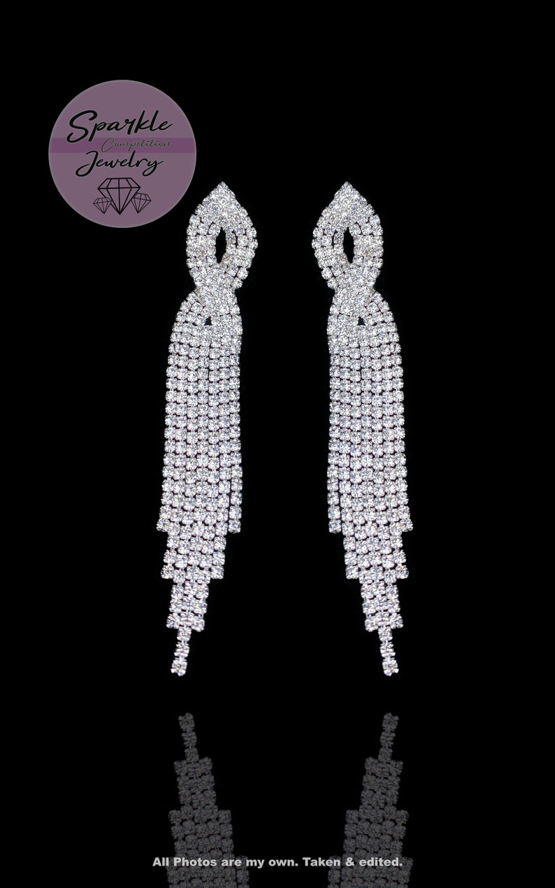 Silver rhinestone dangling earrings long | Long dangling earrings | prom