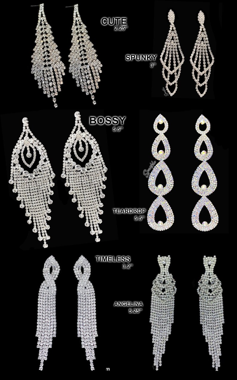 May include: Ten pairs of crystal rhinestone dangle earrings in various styles. The earrings are named "Cute", "Spunky", "Bossy", "Teardrop", "Timeless", and "Angelina". Each style is available in two sizes, ranging from 2.25 inches to 5.5 inches.