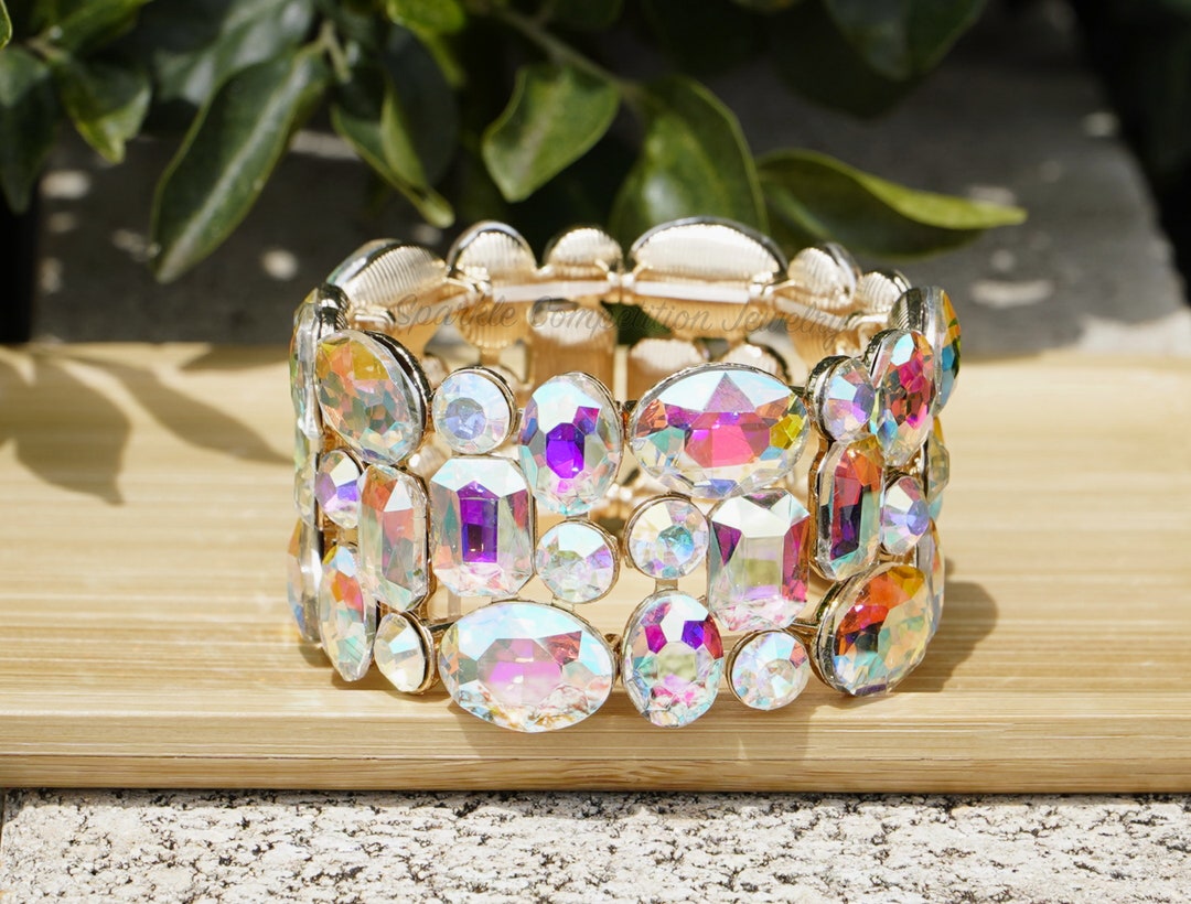 Gold Large Gemstone Stretch Bracelet bikini Competition Jewelry, Prom