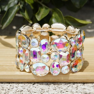 Gold Large Gemstone Stretch Bracelet -Bikini Competition Jewelry, Prom, Bridal, Pageant accessories, gift for her, formal jewelry
