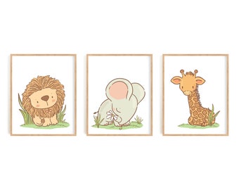 Set of 3 Baby Safari Animals Art, Baby Animals Nursery digital print, Lion, Giraffe, elephant wall printable, Boy's room decor