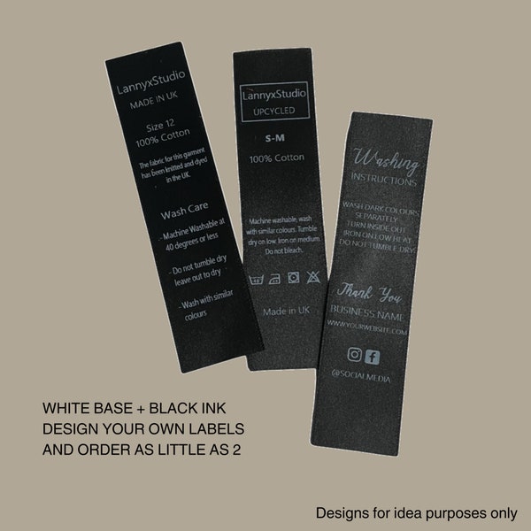 Black Wash Care Labels With Different Information On Each, Design Your Own Labels, Custom Wash Labels, Clothing & Accessories Labls