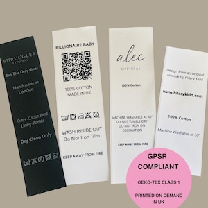 White Wash Care Labels, Design Your Own Label, Customisable Wash Labels in Small Quantites, Sew in Care Labels, GPSR Labelling