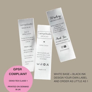 Wash Care Labels With Different Information On Each, GPSR Compliant Label, Customisable Woven Labels with Low Minimum Order Quantity