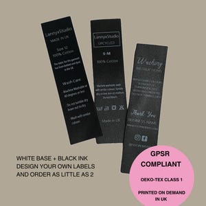 Black Wash Care Labels With Different Information On Each, Design Your Own Labels, GPSR Compliant Wash Labels, Fully Custom Design.