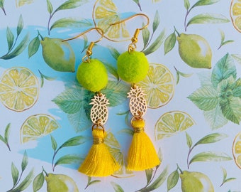 Boucles d’oreilles ananas, pour femme, avec pompons