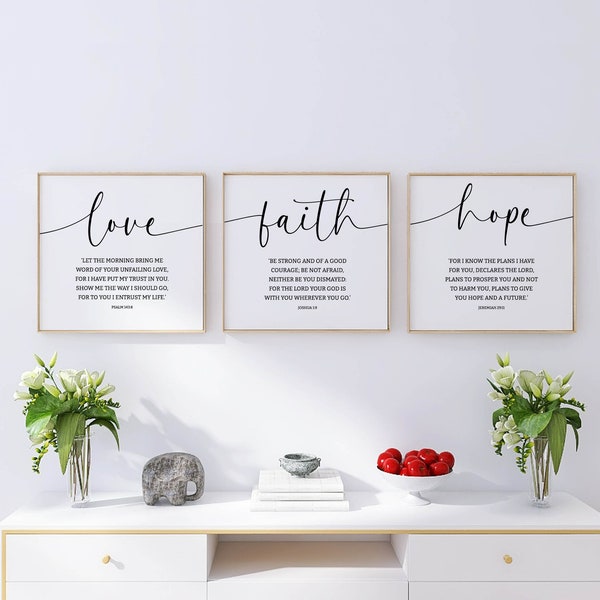 Love Faith Hope Bible Verse Wall Art Set of 3 Prints, Minimal Wall Art, Scripture Quote Psalm, Jeremiah, Joshua, Home or Office Decor