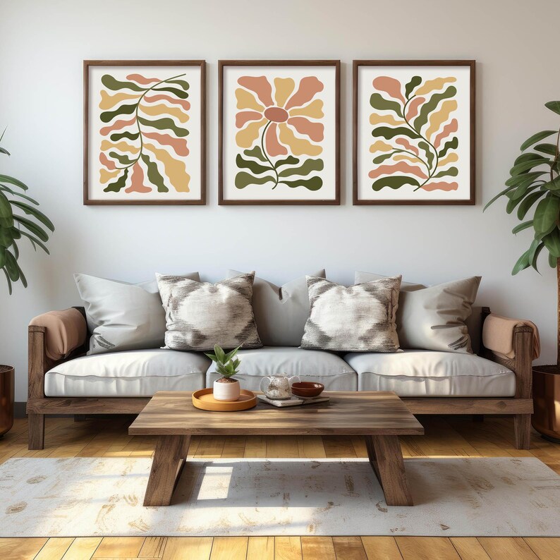Boho Floral Posters Set of 3, Terracotta Retro Abstract Art Prints ...