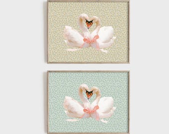Vintage Swan Print Set, Farmhouse Decor, Cottage Wall Art, Nursery Botanical Posters, Digital Download