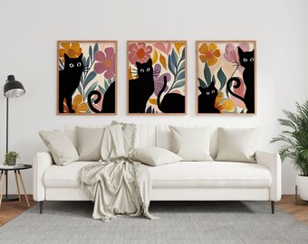 Floral Black Cat Art Prints: Boho Home Decor (Digital Download)
