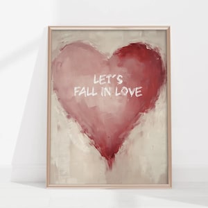 Vintage Valentine&#39;s Day Red Heart Painting, Love Printables Red Heart Wall Art, Let&#39;s Fall In Love, Romantic Wall Art Bedroom, Digital File