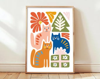 Whimsical Cat Decor, Trendy Cats Poster, Colorful Cat Art, Fun Feline Artwork (Digital Download)