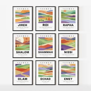 Set of 9 Hebrew Names of God Wall Art, Bible Wall Art, Boho Wall Decor, Religious Posters, Yahweh Wall Art, Minimalist Bible Art, Digital