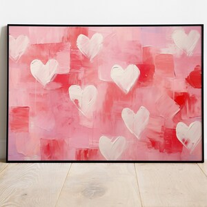 Valentines Day Abstract Red White Heart Print on Pink Background, Valentines Wall Art Vintage Valentines Day Decor Romantic Gift For Her