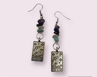 Tarot card earrings! The Star with amethyst, lapis lazuli, aquamarine, garnet, and rose quartz stones to harness the star’s energy.