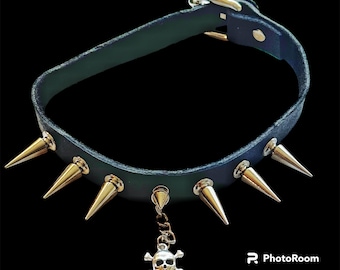 Punk Goth upcycled leather spiked coker with skull charm, adjustable.