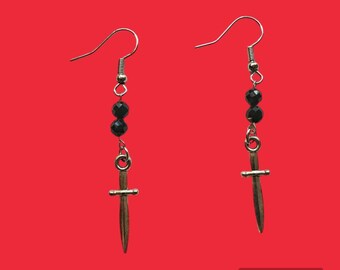 Obsidian and Knife Charm Dangle Earrings! handmade and made to order
