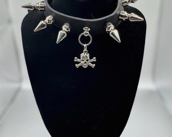 Black Punk Goth upcycled leather spiked coker with skull and crossbones charm adjustable.