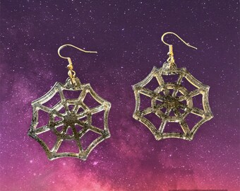 Spooky Spiderweb Earrings! Clear with black glitter, handmade and made to order