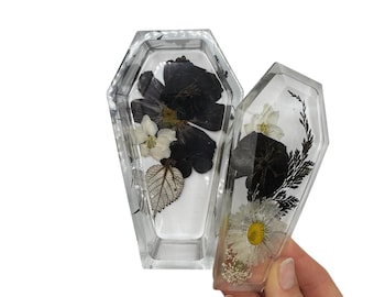 Handmade  Coffin Keepsake Box, clear with black pressed flowers embedded