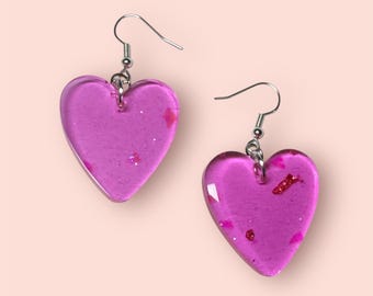 Handmade Orange Heart Earrings with glitter and pink foil, customizable!