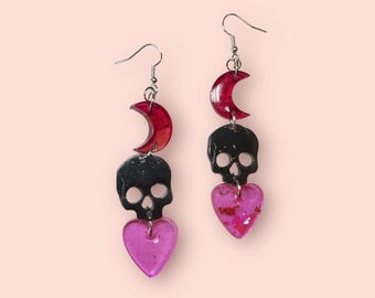 Dangeling  Moon Skull and heart Earrings!handmade and made to order, customizable