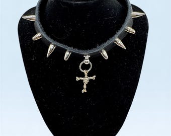 Black Punk Goth upcycled leather spiked coker with skull and bones cross charm adjustable.