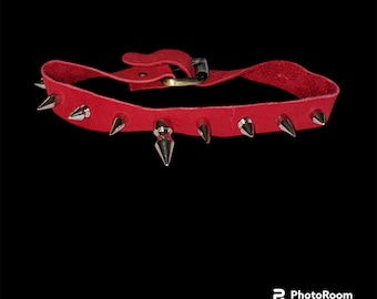 Red Punk Goth upcycled leather spiked coker with, adjustable.