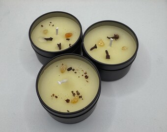 New Year’s blessings lemon vanilla scented candle with citrine stones 3 ounces in a black tin