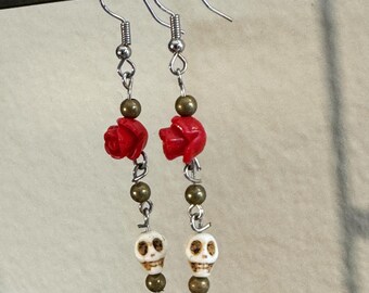 Beaded Dangeling Skull and rose Earrings! handmade and made to order