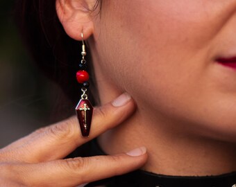Rose Charm, Obsidian crystal and Enamel Coffin Charm Dangle Earrings! handmade and made to order