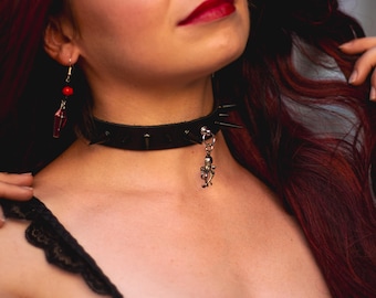 Black Punk Goth upcycled leather spiked coker with  octopus charm and black spikes, adjustable.
