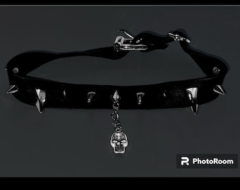 Punk Goth upcycled leather spiked coker with skull charm, Large and adjustable.