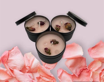 Love spell, handmade, blessings candle, with rosebuds, romantic rose scent with a hint of lavender and rose quartz stones to invite the magi
