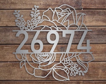 Plaque d'adresse florale personnalisée en métal : numéros de maison enduits de poudre